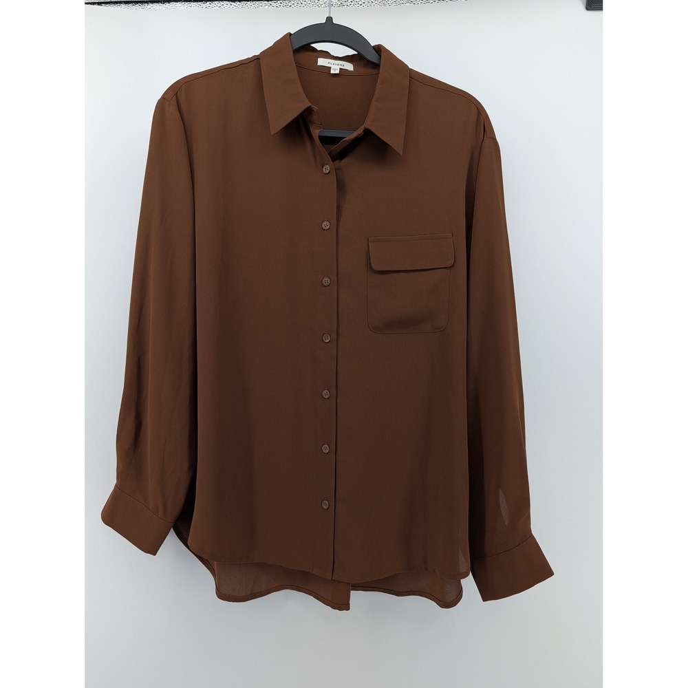 Pleione Button Down Shirt Womens Medium Brown Excellent Crepe Long Sleeve Blouse